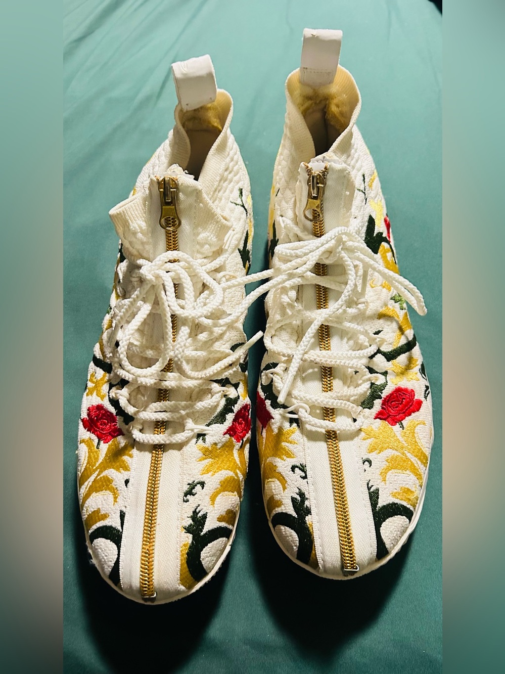 Nike White Floral Embroidered High-Top Sneakers with Gold Zip